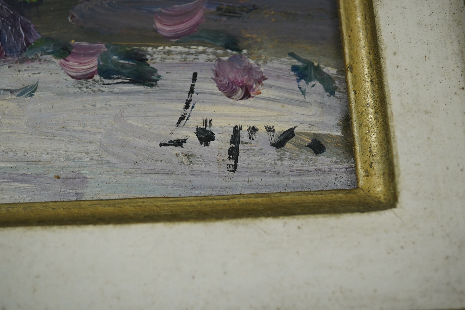 Impasto oil on board, Still life of flowers in a vase, indistinctly signed lower right, 39 x 29cm, ornately framed. Condition - good